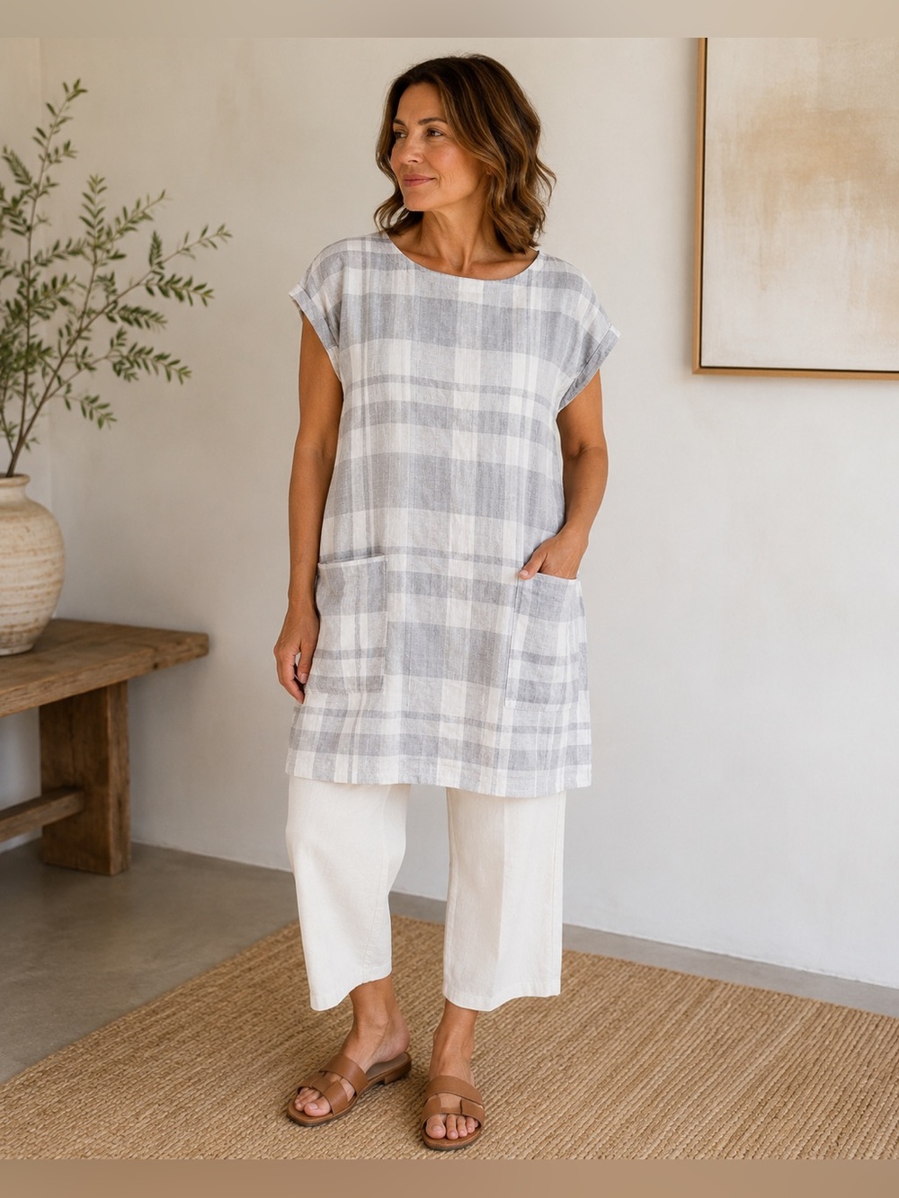 Eileen Fisher Organic Linen Cotton Plaid Tunic | Size XL